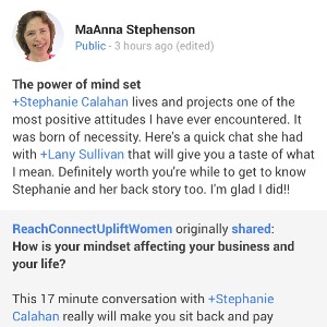 Reach Connect Uplift Women Lany Sullivan Mindset for Success MaAnna Stephenson Testimony