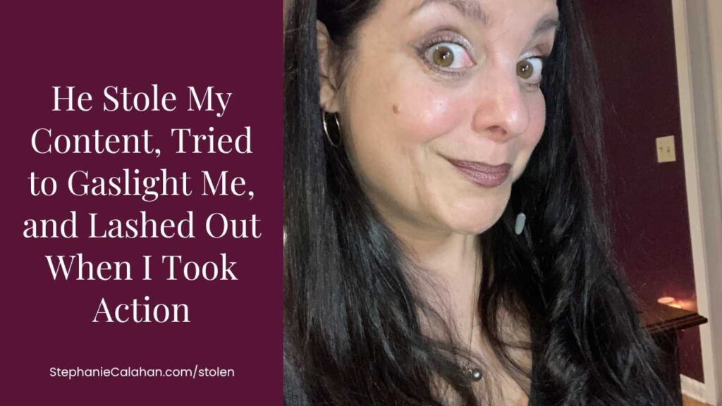 Title of article on deep plum background with a picture of woman (Stephanie Calahan) with long dark hair looking at the camera from the side.