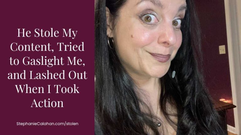 Title of article on deep plum background with a picture of woman (Stephanie Calahan) with long dark hair looking at the camera from the side.